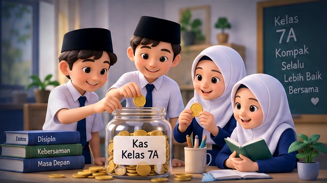 Ilustrasi siswa madrasah menabung bersama untuk kas kelas